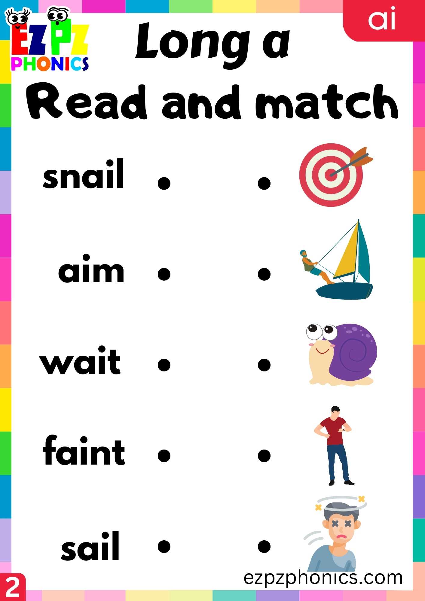 Group2 AI Words Read And Match Long A Phonics Worksheet - ezpzphonics.com